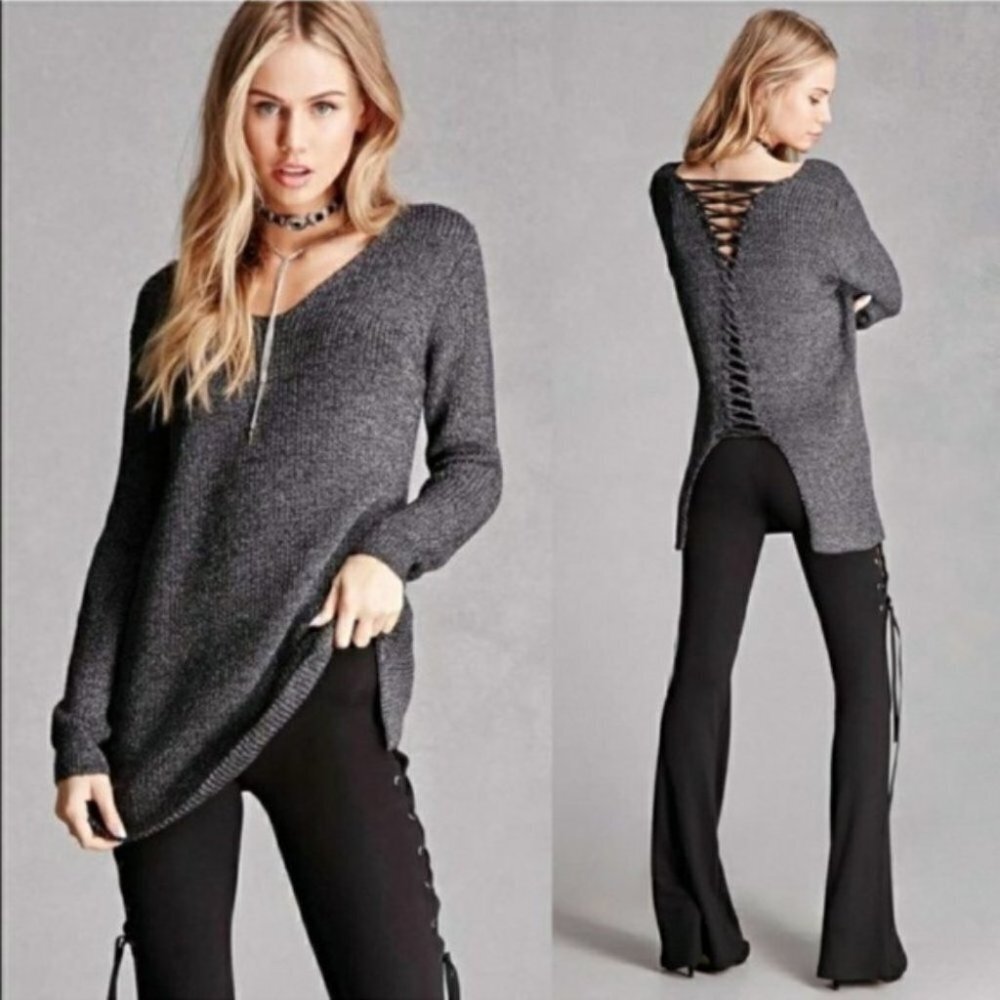 Emory Park V Neck Ribbed Knit Lace Up Back Sweater Gray Women‎ S